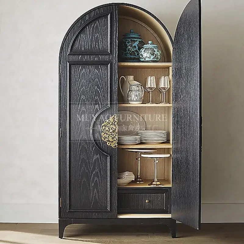 American retro black arched wardrobe French solid wood locker living room porch decorative cabinet double door wardrobe