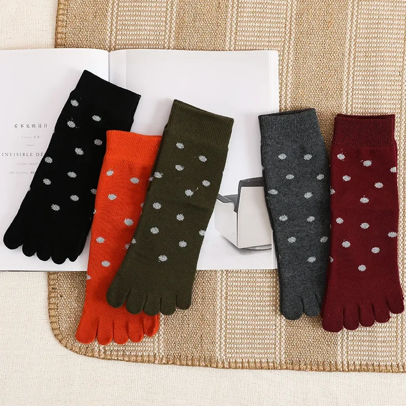 5 Pairs Five Finger Socks Women's Cotton Autumn and Winter Medium Tube Dots Warm 5 Toe Socks Kawaii Ankle Socks