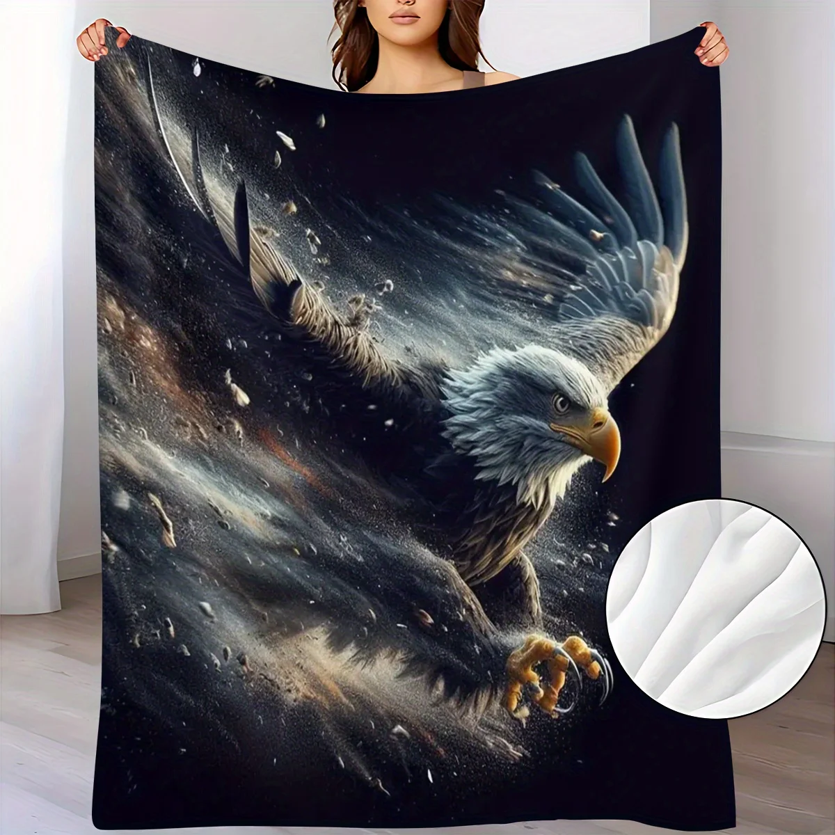 Majestic Soaring Bald Eagle Blanket Aggressive Hunting Eagle In Dramatic Dark Storm Wind‑swept Scene Soft Flannel Throw Blanket