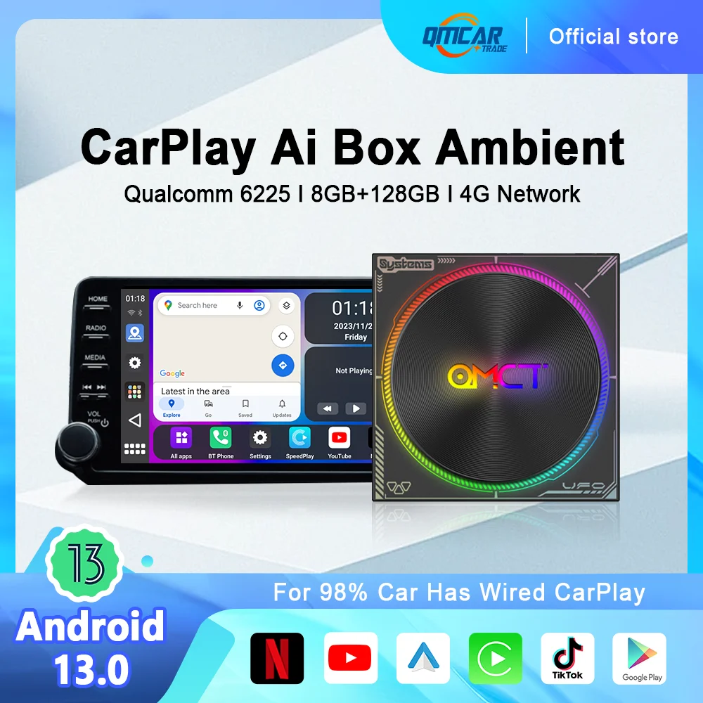 

QMCT Carplay Ai Box Android 13 Ambient Light Wireless Android Auto QCM6225 8GB+128GB 4G Lte For Volvo Benz Audi Haval Hyundai MG