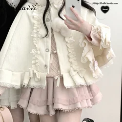 Sweet Girl Kawaii Diamond Buckle Cape Jacket Autumn and Winter Japanese Mines Loose Cute Bow Hooded Velvet Small Shawl Coat