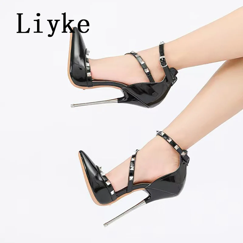

Liyke модный дизайн с заклепками и ремешком на щиколотке, женские туфли-лодочки, пикантные металлические туфли с острым носком на очень высоком каблуке, вечерние клубные туфли для стриптиза, большой размер 46