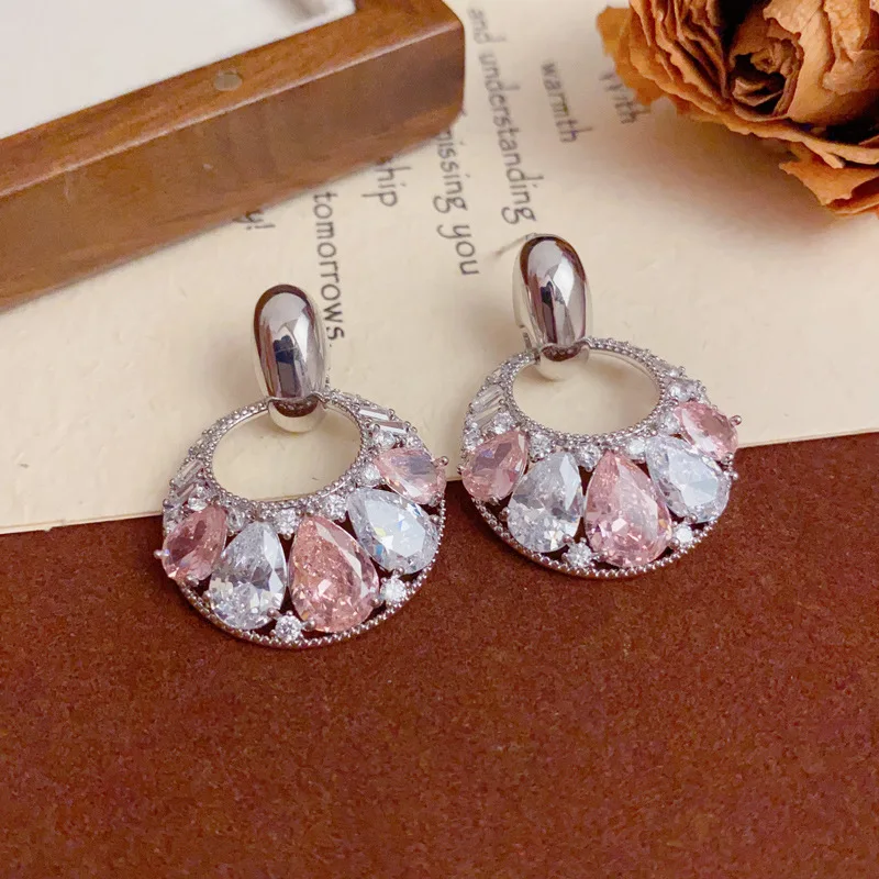 Fashion color full zirconium round earrings for women's personality light luxury versatile super flash earrings