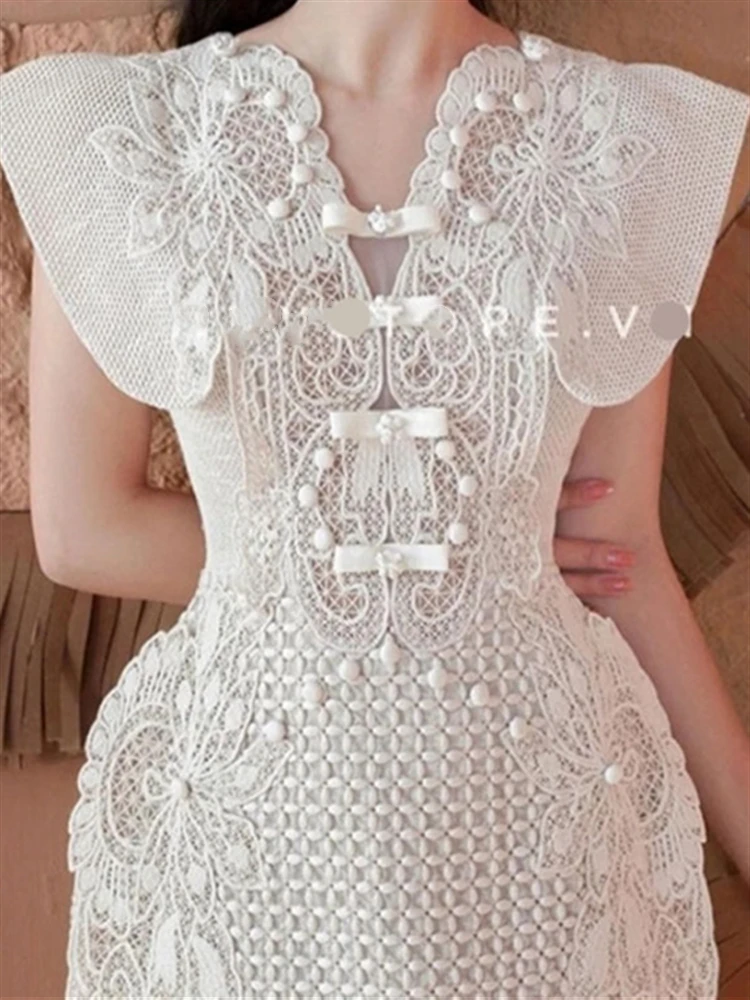 Vestido Sexy de encaje para mujer, traje blanco liso con espalda descubierta, sin mangas, bordado, estilo bohemio, 2022