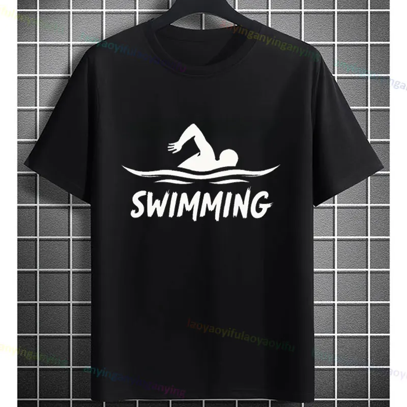 Men's Casual Swimmer Graphic T-Shirt Black with Dynamic White Swimming Silhouette Design Short-sleeve Crewneck Pure Cotton Tee