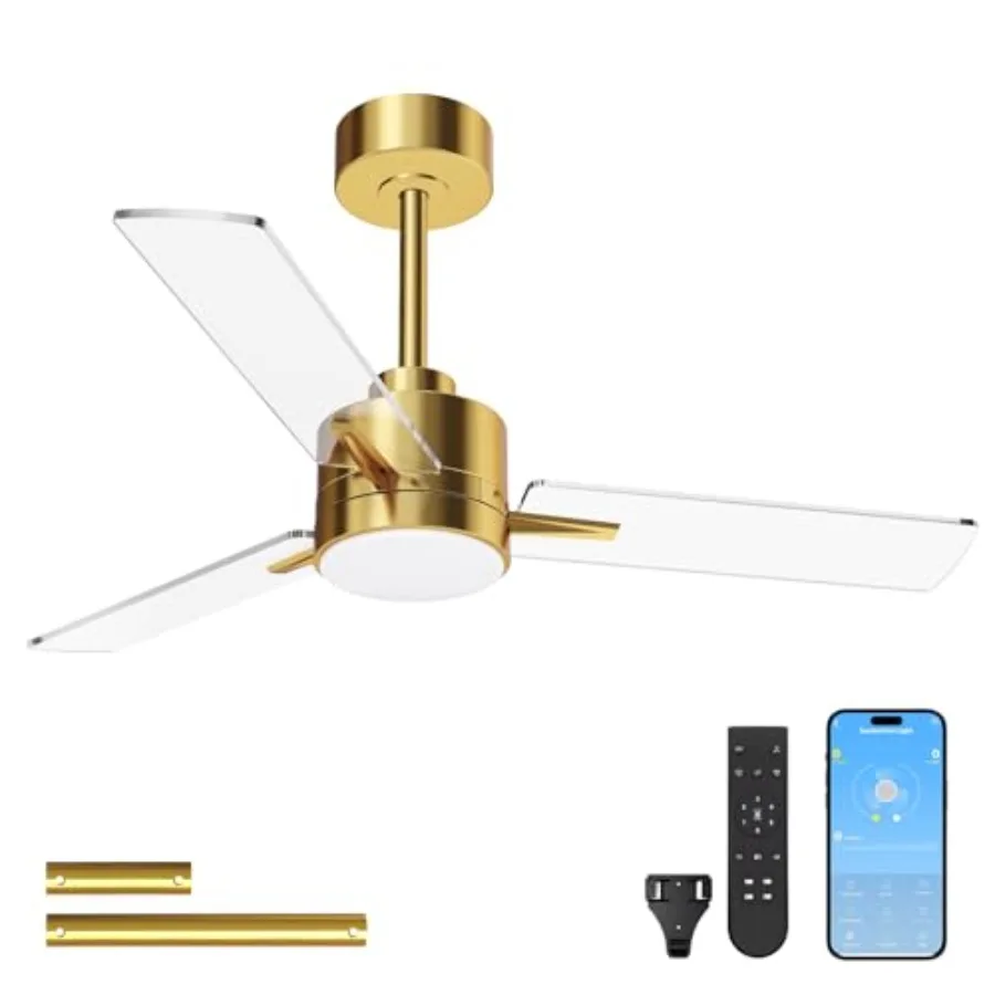 

42 Inch Metal Ceiling Fan with Light for Bedroom Living Room Indoor/Outdoor Patio Use, Gold Transp LED, Modern Flush Mount Low