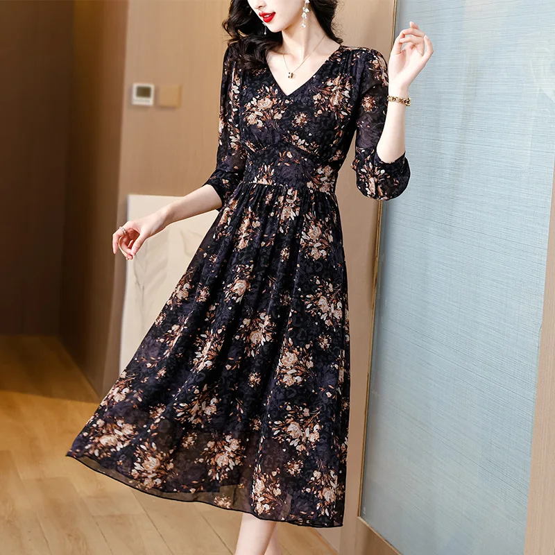 

M-4XL 2024 Women Full Sleeve Floral Print V-neck Casual Dress A-Line High Waist Spring Summer Dress Women