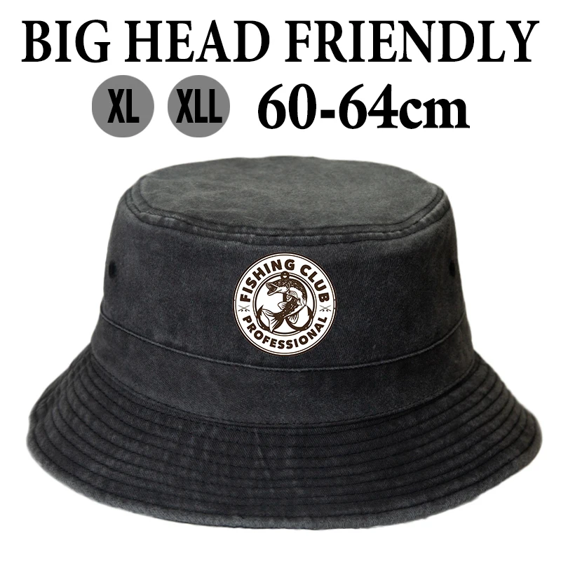 Big Head Friendly Bucket Hat XL XXL Oversized Washed Cotton Fisherman Cap Fishing Club Print Sun Hat Men Vintage Streetwear