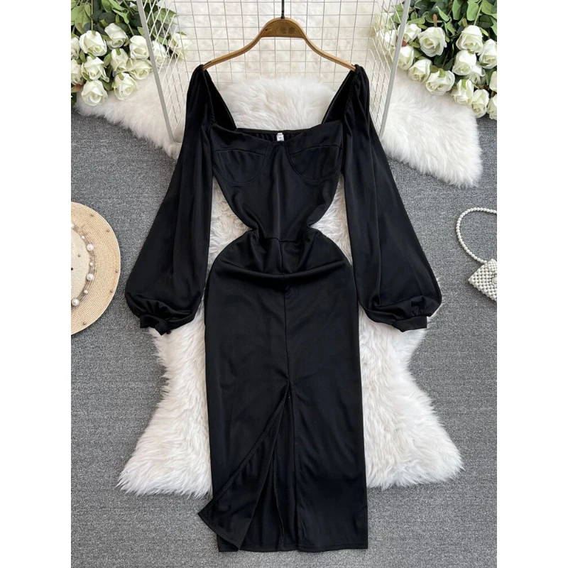 

Women's Dress French Style Simple Black Square Collar Puff Sleeve Mid-Length Split Elegant Temperament Dresses for 18-24Y