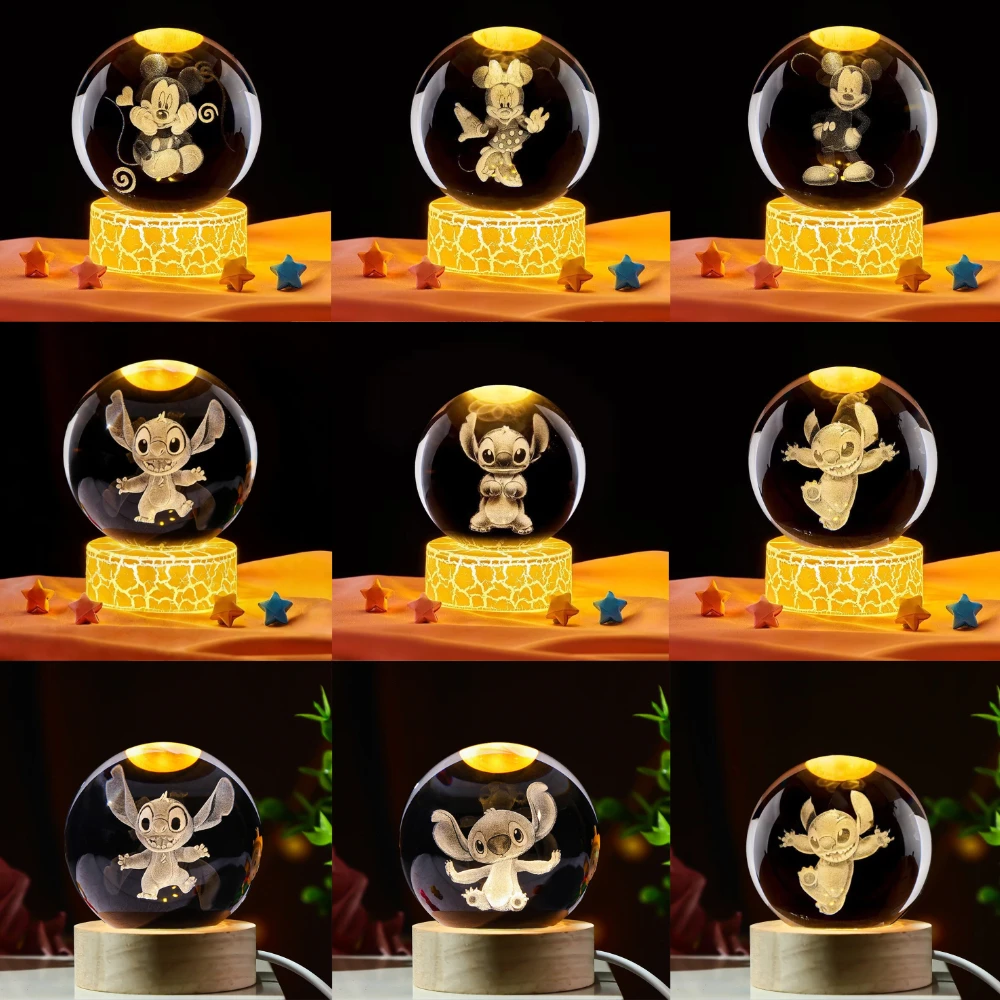 

Cartoon Cute Anime Mickey Stitch Crystal Glowing Ball Toy 3D Warm Light Night Light Desktop Decoration Children Birthday Gifts