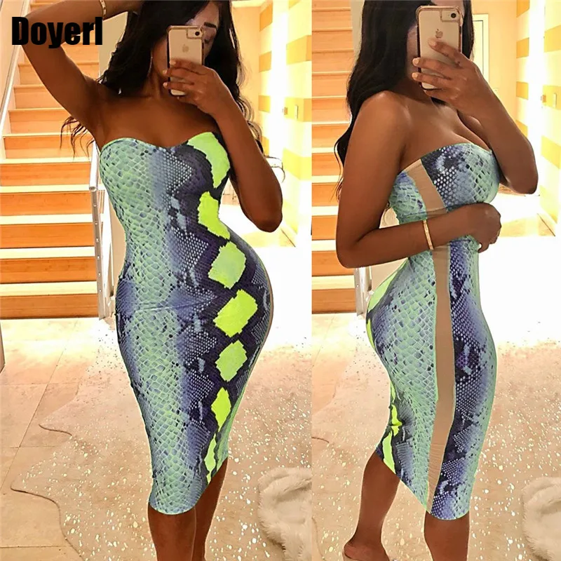 Animal Snake Print Sexy Bodycon Summer Dress Women Sleeveless Strapless Bandage Party Dress Ladies Club Dress Beach Sundresses