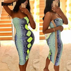 Animal Snake Print Sexy Bodycon Summer Dress Women Sleeveless Strapless Bandage Party Dress Ladies Club Dress Beach Sundresses