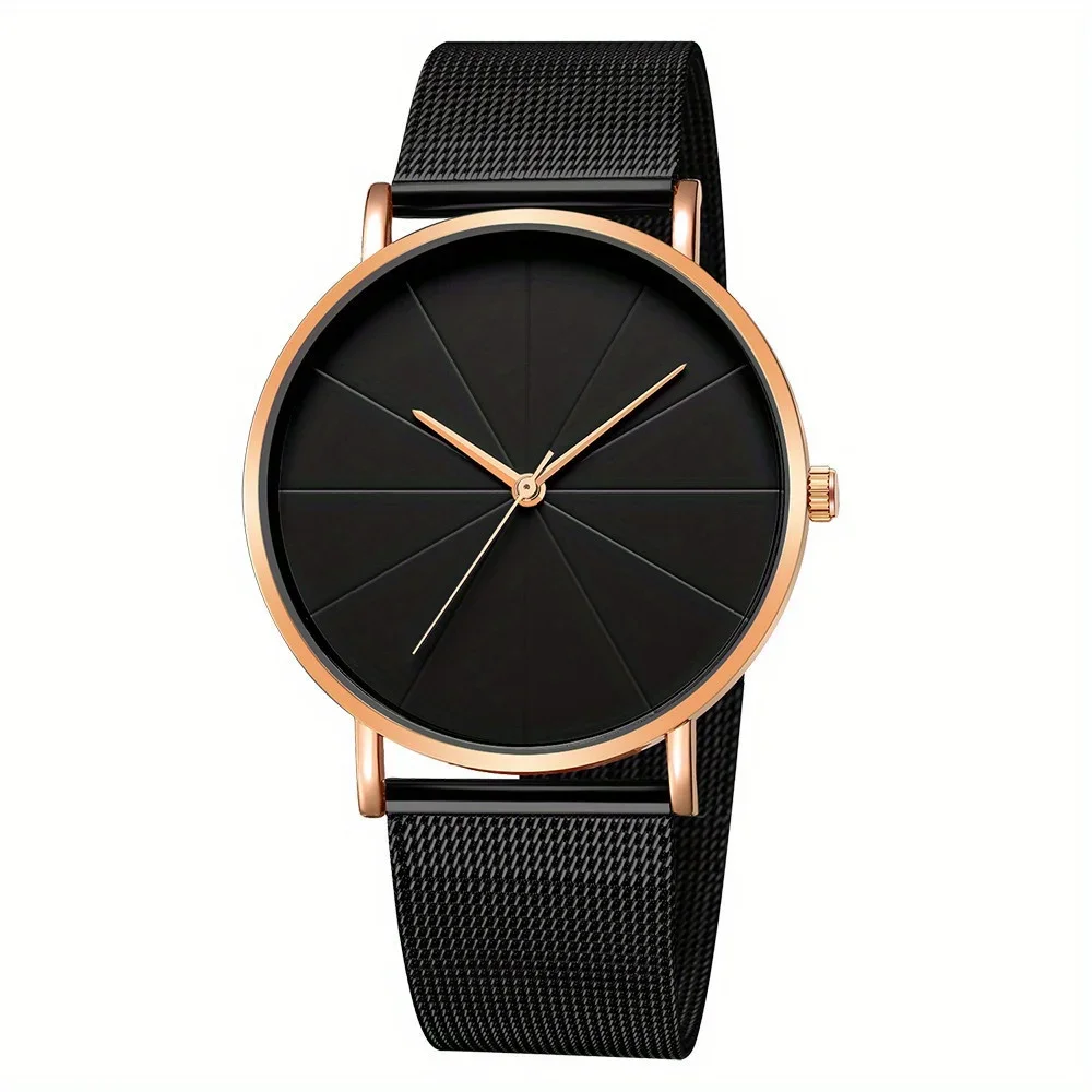 Casual Round Pointer Quartz Watch Large Geo Dial Analog Mesh Strap Wristwatch For Women Men