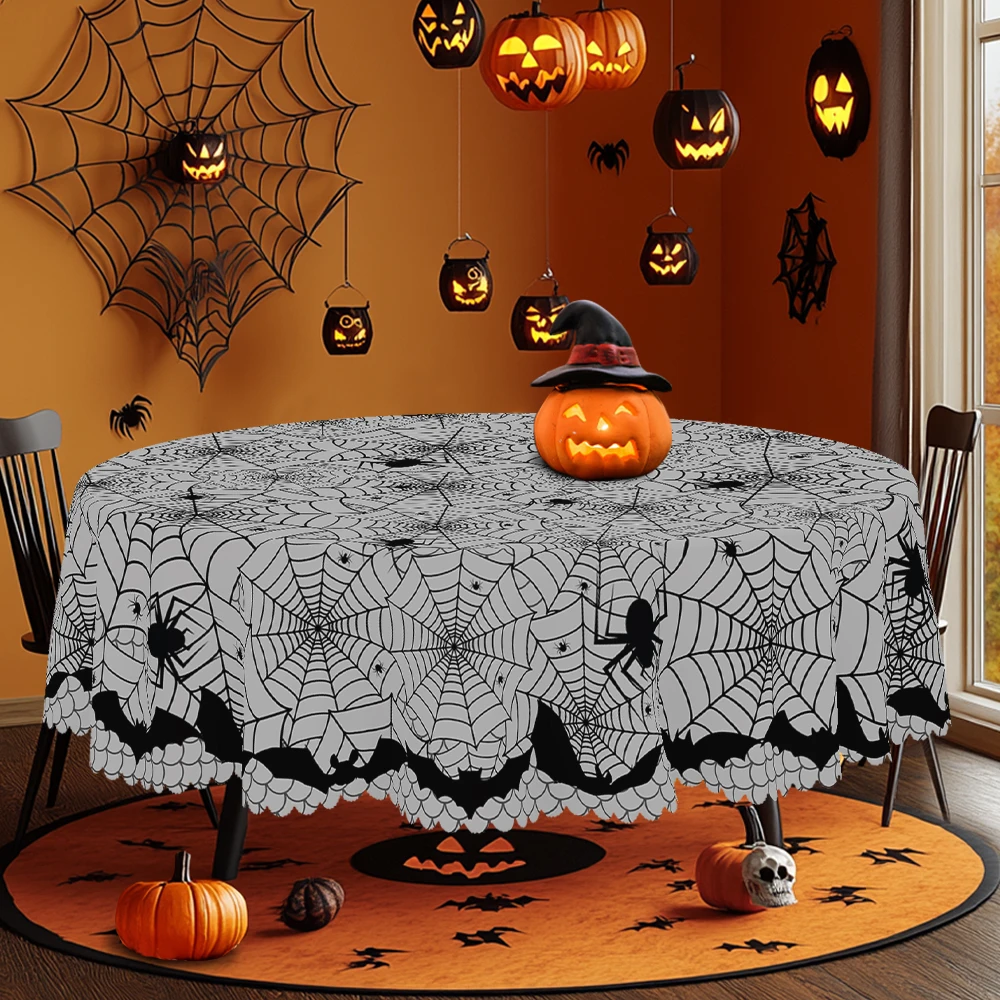 1 Halloween Themed Printed Tablecloth, Multiple Sizes Available, Horror Bat Spider Web Print Design Pattern Party Decoration Tablecloth, Halloween Party Courtyard Tablecloth Decoration, Tablecloth Set for Halloween Home Kitchen, Restaurant Terrace Indoor and Outdoor Use, Gift