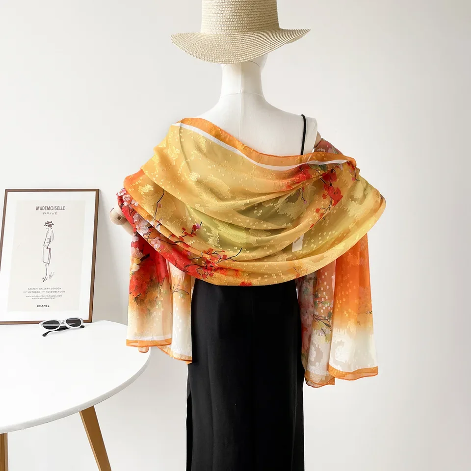 2025 ربيع جديد وشاح طويل للنساء السفر وشاح طويل الساتان الجوف طباعة شال واقية من الشمس وشاح وشاح شال بالجملة #3