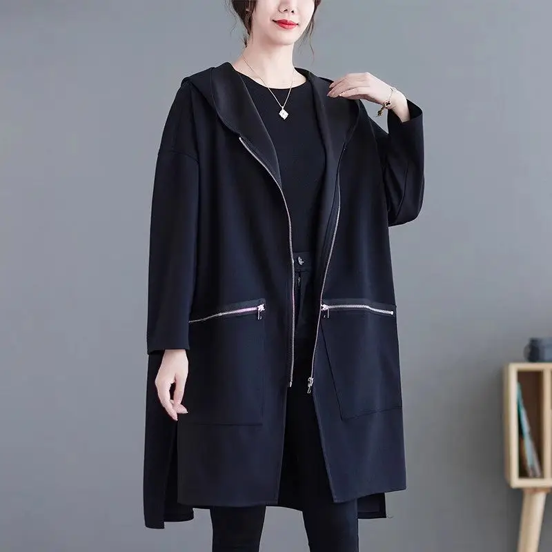 Mid Length Trench Coat 2023 Autumn Oversized Women\'s Korean Version Hooded Loose Trendy And Lazy Style Casual Outerwear Z2759