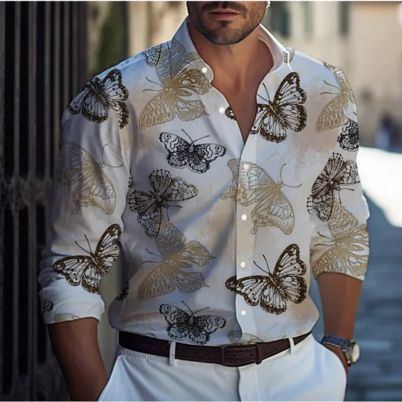 2024 New Butterfly 3D Printed Casual Men's Shirt Autumn and Winter Lapel Long Sleeve S-6XL Four-Way Stretch Fabric Shirt