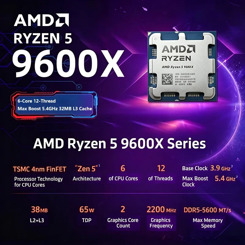 

AMD Ryzen 5 9600X Desktop Processor 6-Core 12-Thread 32MB L3 Cache up to 5.4GHz for B850 X870 AM5 Loose Pieces