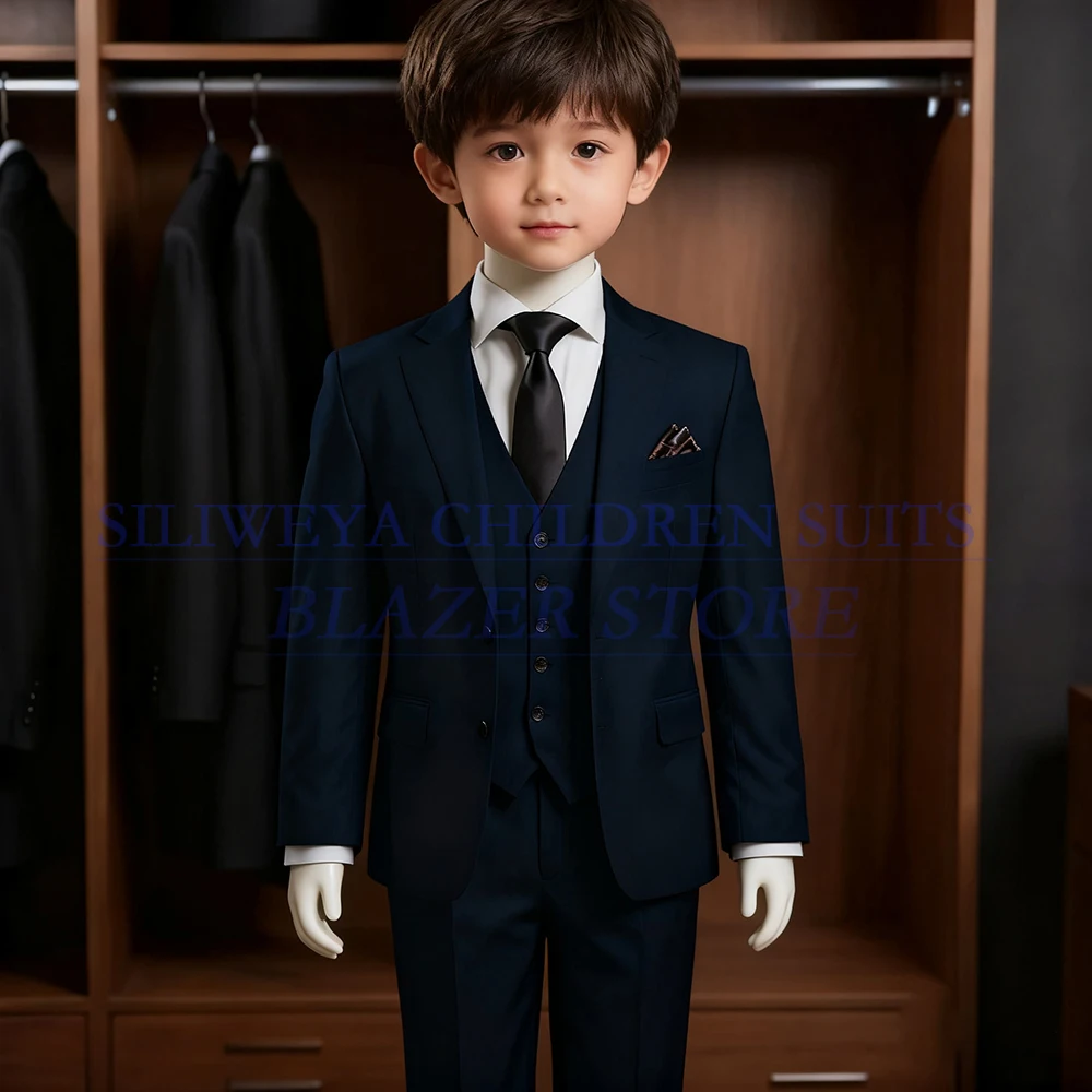 

Navy Blue Boy's Suits Formal Wedding Kids 3 Piece Jacket Pants Vest Clothing Formal Single Breasted Notch Lapel Child Outfits