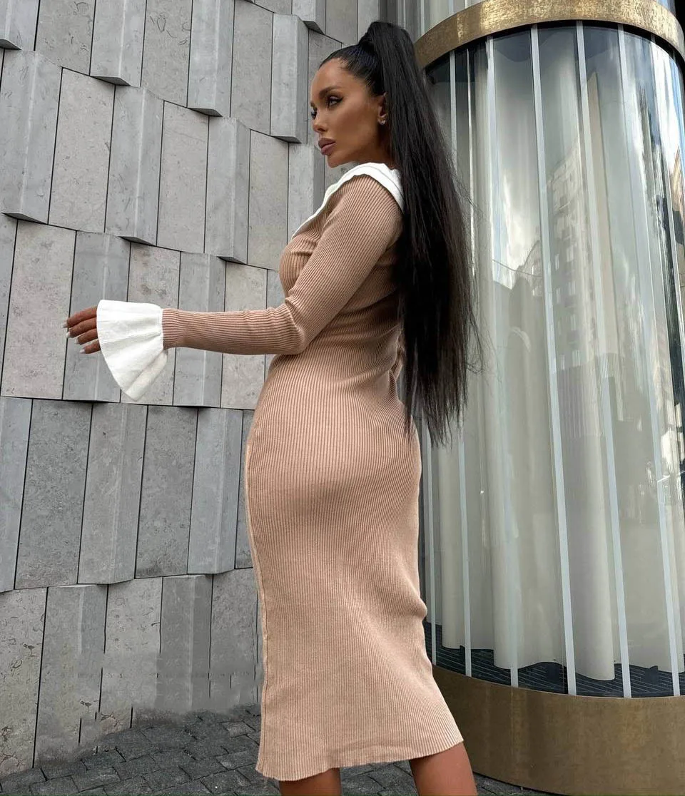 Fashion Knit Patchwork Long Dress Women's Ruffled Slim Elegant Contrast Ribbed Party Dress Knitwear Autumn Maxi Dress New