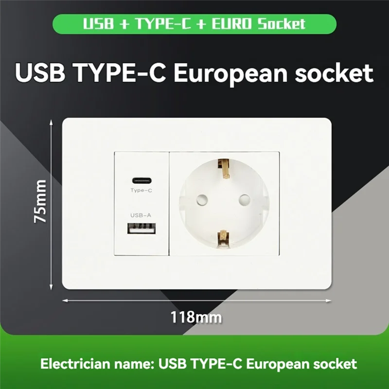 

Стандартная розетка ABRU, настенная розетка USB + TYPE-C + розетка EURO, 180–250 В, USB-адаптер питания, розетка, вилка европейского стандарта, Таиланд, ЕС