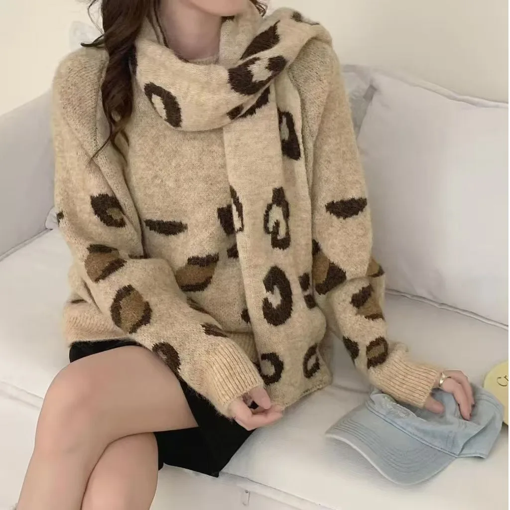 

Женский свободный свитер с леопардовым принтом в корейском стиле, осенне-зимняя новинка, теплый, модный, универсальный, стройнящий топ