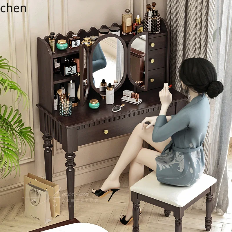 

HYS light luxury retro pure solid wood master bedroom makeup table with storage box mirror