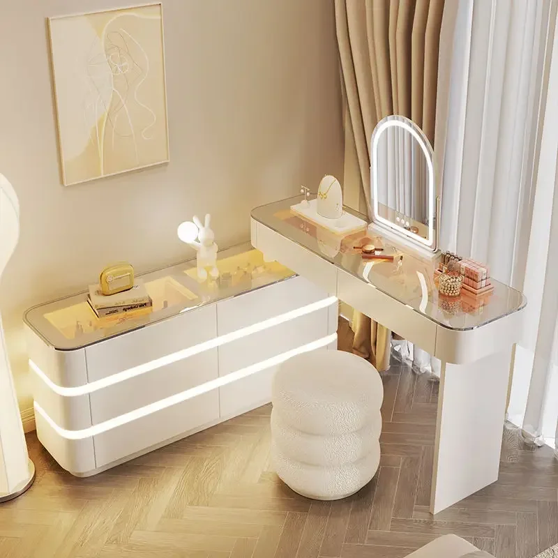 

Modern Vanity Set Solid Wood Vanities Desk with LED Mirror and 6 Drawers Vanity Table with Glass Countertop and Makeup Stool