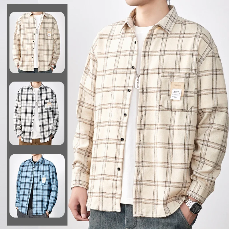 Fashionable social shirt men's new spring high-quality long-sleeved sanded plaid lapel cotton shirt men's casual shirt