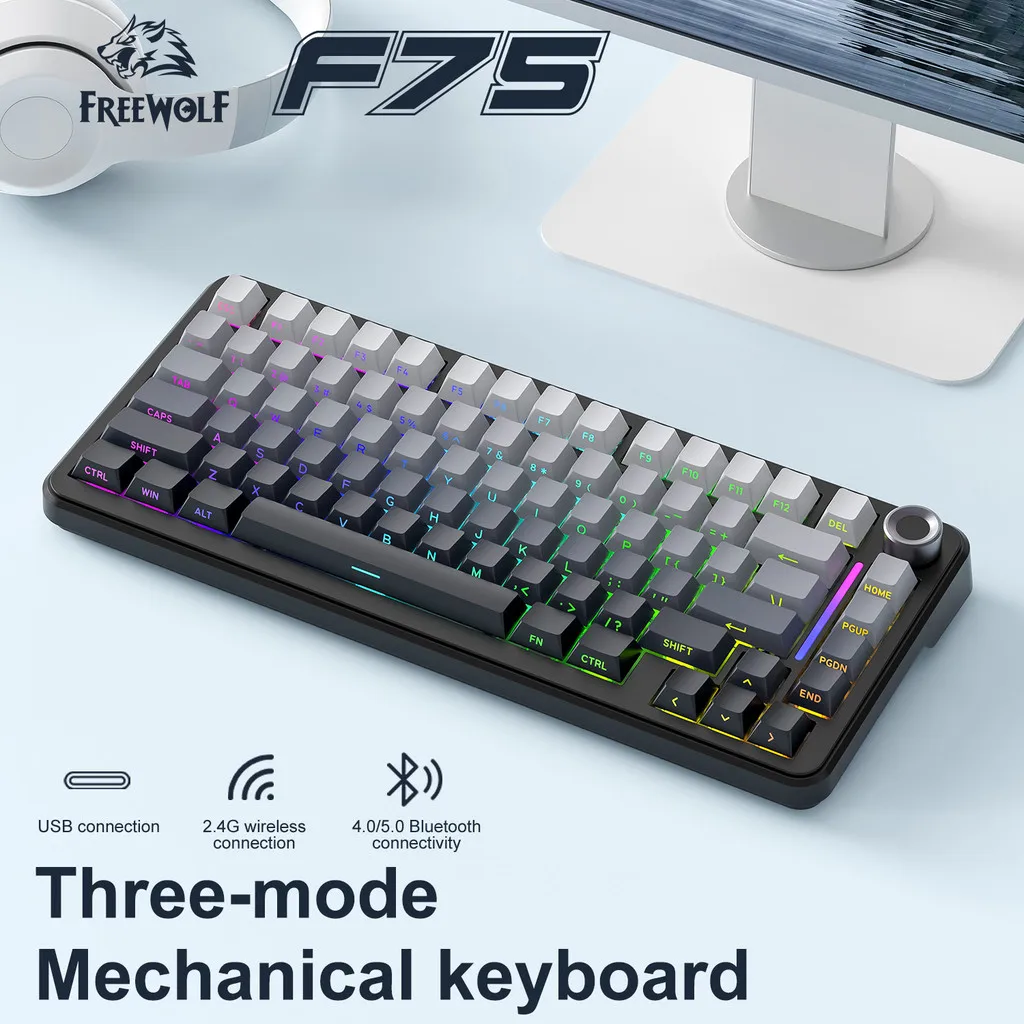 

Free Wolf F75 Wireless Mechanical Keyboard - 75% Layout, Tri-Mode (BT/2.4G/Wired), 4000mAh Battery, Hot-Swappable, RGB