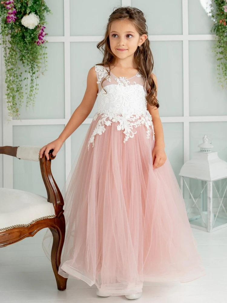 

Flower Girl Dresses White Pink Tulle White Appliques Sleeveless For Wedding Birthday Party Banquet First Communion Gowns