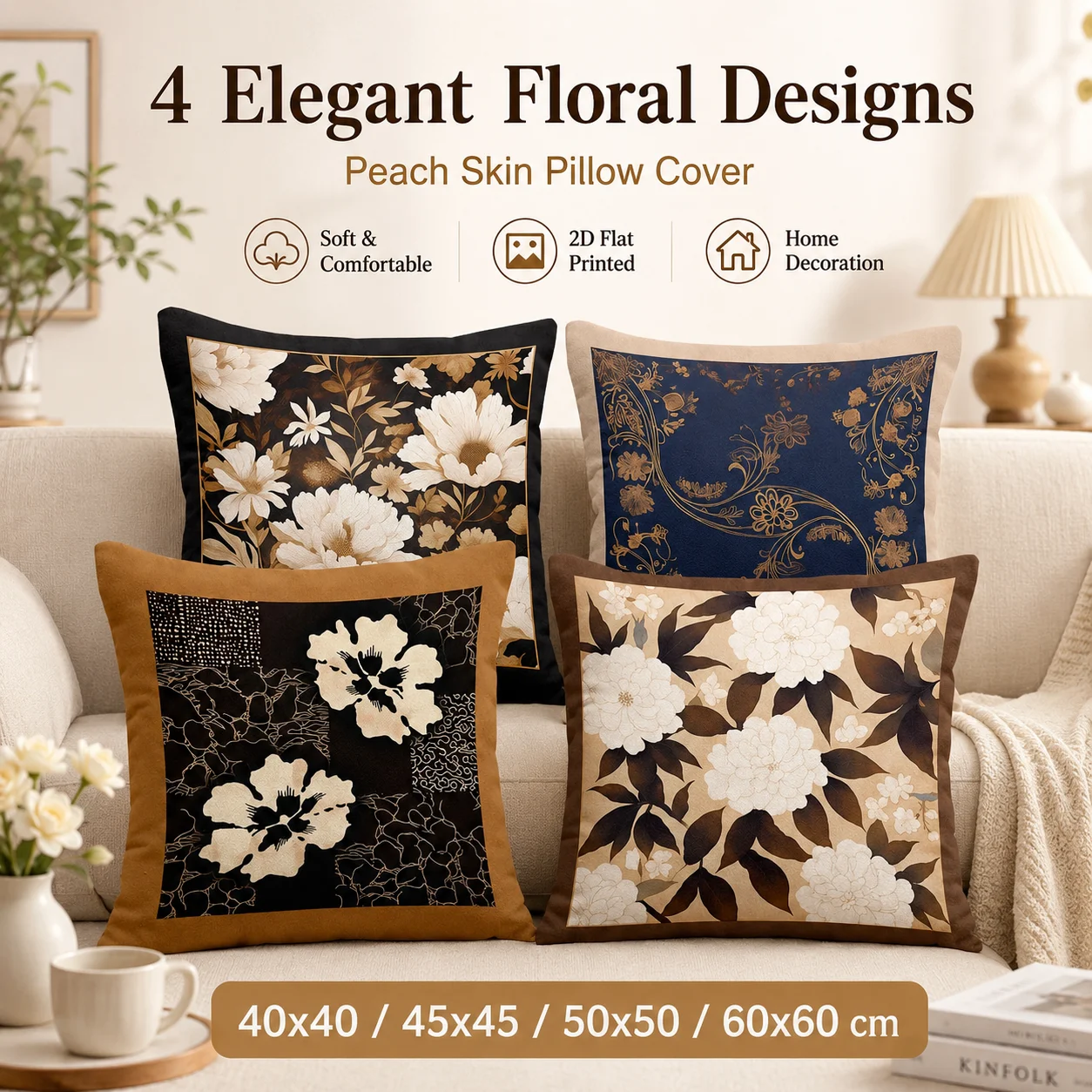 Elegant Floral Cushion Cover 2D Flat Printed Peach Skin Throw Pillowcase for Living Room Sofa Home Decor 45x45 50x50