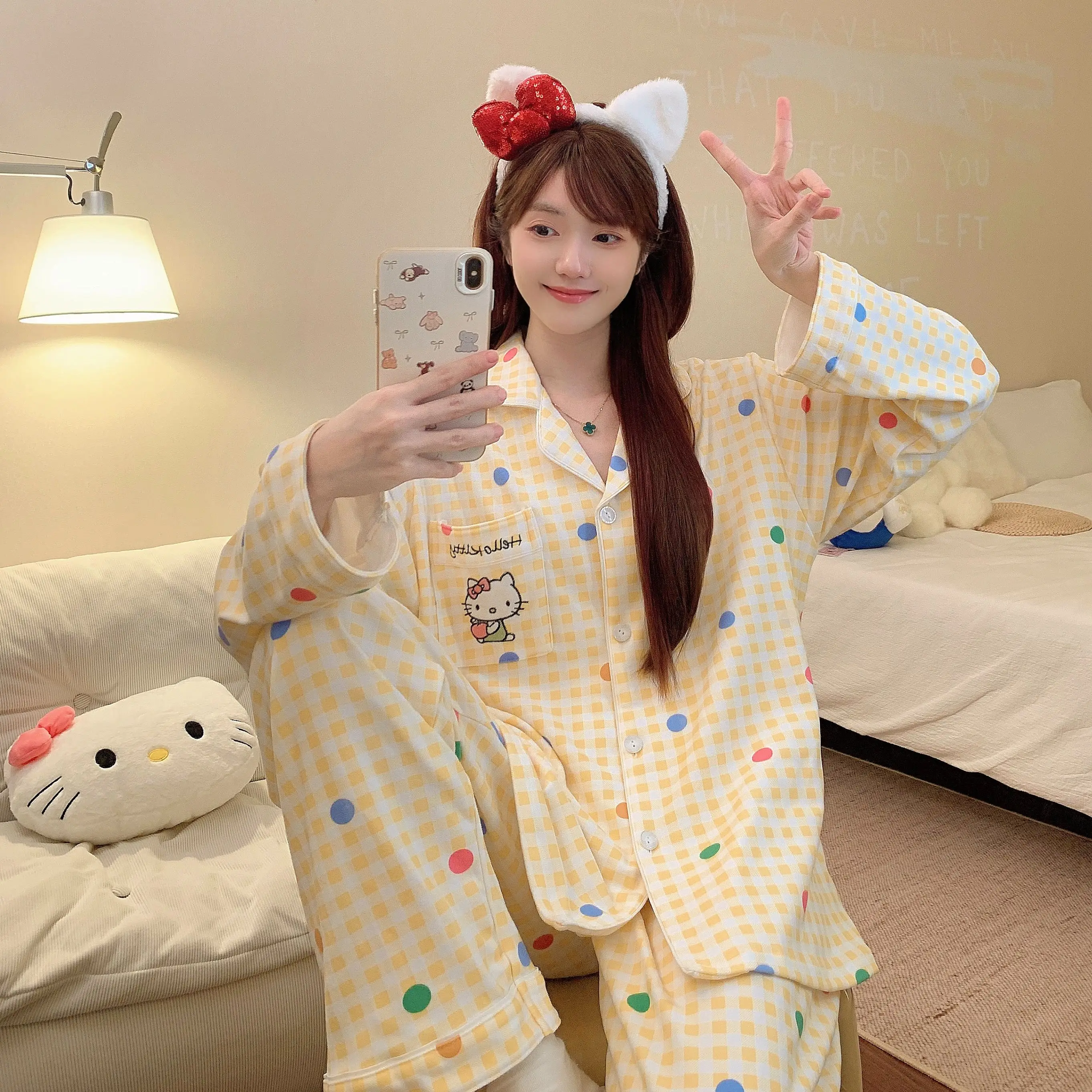 

Hello Kitty Women's 2025 Polka Dot Dralon Thermal Cardigan Pajama Set Fall Winter Sweet Cozy Home Loungewear Sleepwear