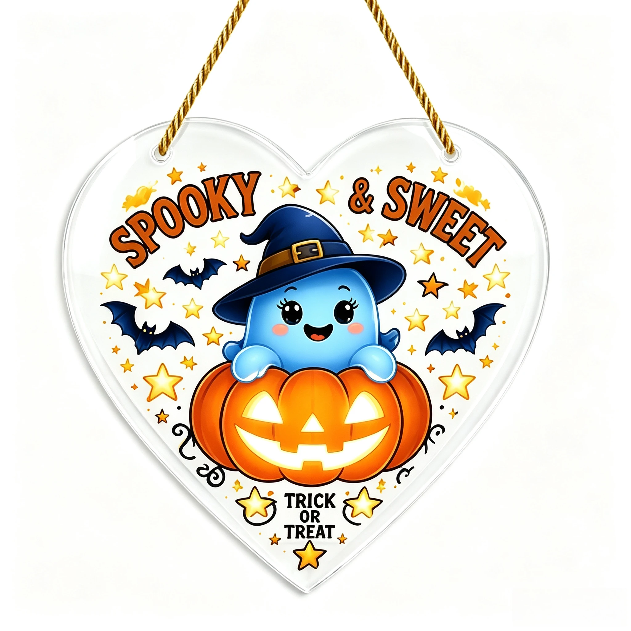 Spooky & Sweet Heart‑Shaped Acrylic Hanging Ornament, Witch Hat Blue Ghost Jack‑O‑Lantern Halloween Wall Decor