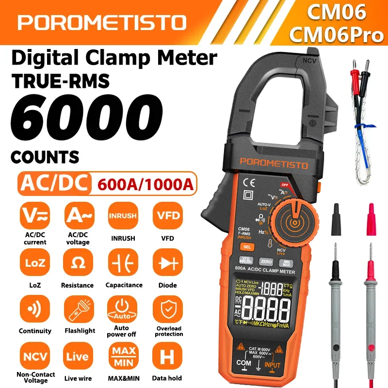 Pince multimètre numérique à plage automatique CM06/CM06Pro, testeur de tension AC DC 600A/1000A, multimètre ampèremètre Amp Ohm Hz, capacité NCV Test