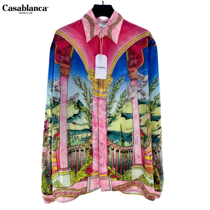 

CASABLANCA Tshirt 100% Silk Best Version T shirt Man Printed Women Men Long Sleeve Shirts Loose Fit Oversized Men Casual Shirts