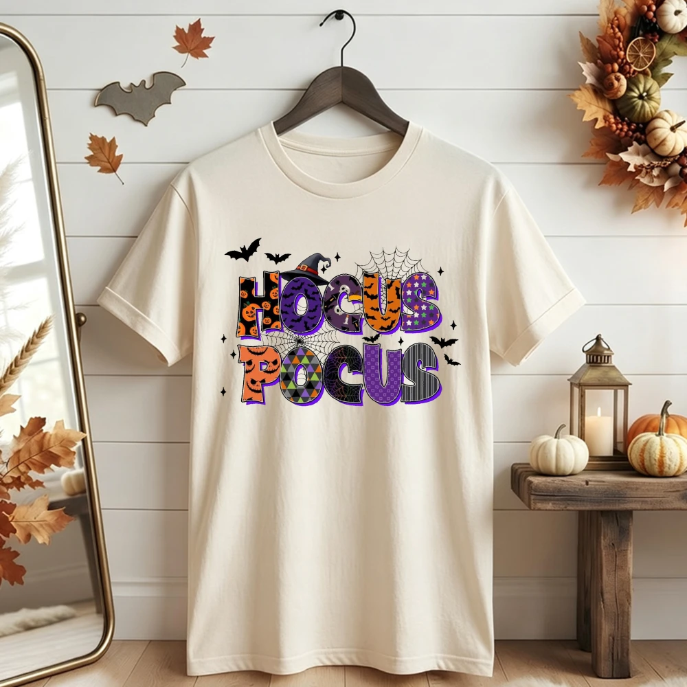 Hocus Pocus Halloween Witch Hat Pumpkin Bat Graphic T-Shirt Short Sleeve Cotton Fall Retro Spooky Season Unisex Women Men Tee