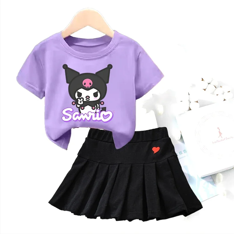 Hello Kitty Kuromi Kids Girls Student Uniform Skirts T Shirt Pleated Culottes Child Summer Skirt with Inner Safety Pant Dress