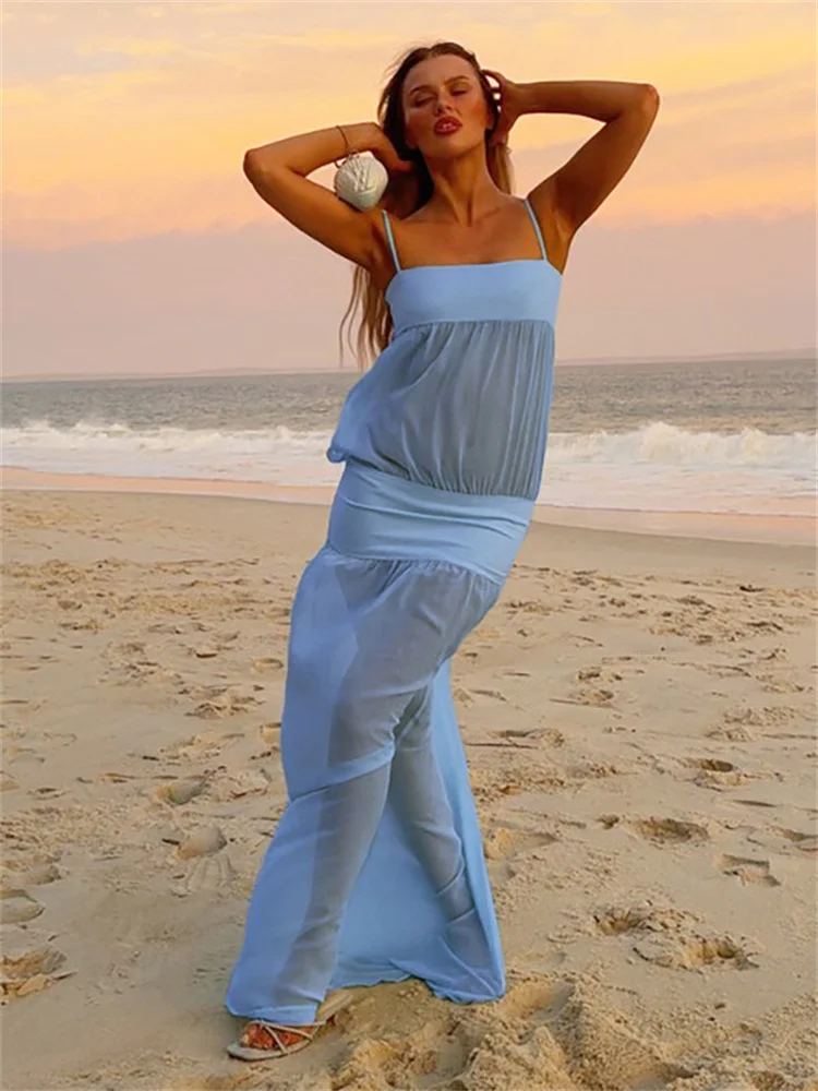 

Tossy Summer Mesh See-Through Long Dress Women's Patchwork Patchwork Sexy Spaghetti Dress Female Off-Shoulder Maxi Dress 2026