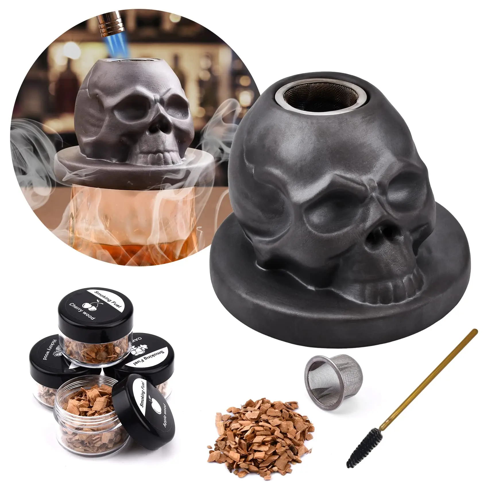 Cocktail-Räucher-Set, Totenkopf-förmiges Rauch-Ei, Keramik-Whisky-Räucher-Set mit Holzspäne, Werkzeuge für Bar, Cocktail, das beste Geschenk