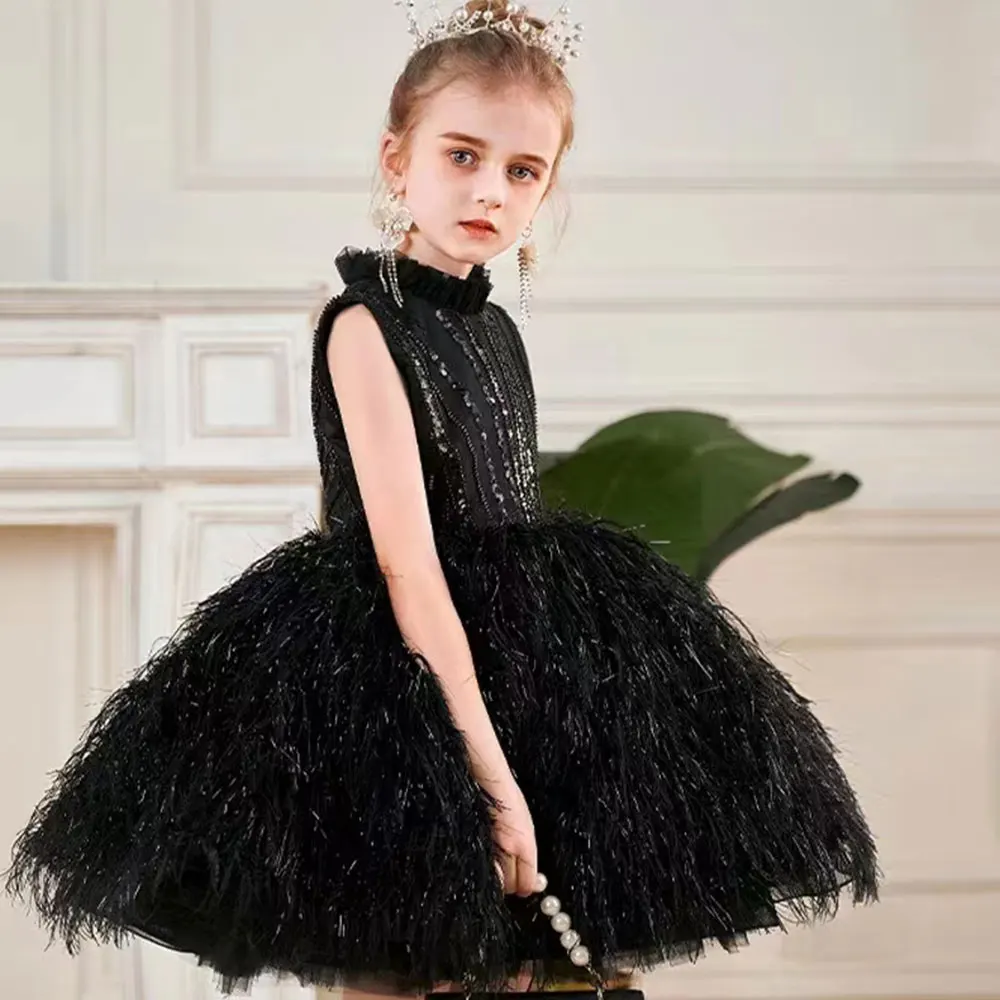 Jill Wish Sparkly Black Arabic Girl Dress Feathers Baby Kids Princess Birthday Wedding Party Children Holiday Gown 2024 J175