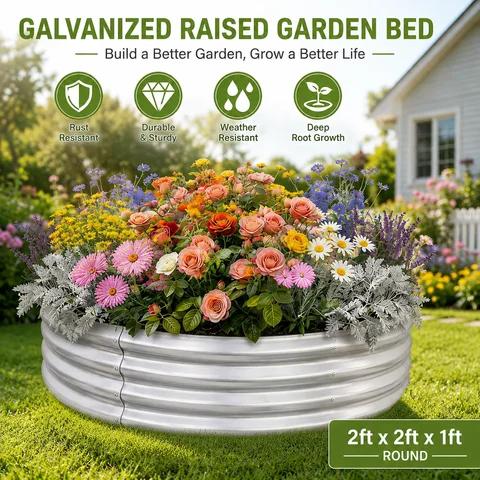 Galvanized Raised Garden Bed Kit, Round Metal Raised Planter Box for Vegetables, Flowers & Herbs, Outdoor Garden Bed, 2FT × 2FT × 1FT