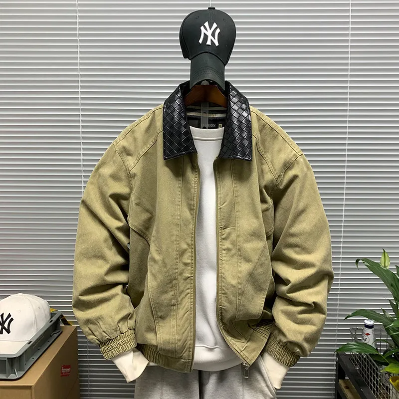 Mens Vintage American Washed Denim Work Jacket PU Leather Lapel Collar Loose Fit Casual Coat Spring High Quality Streetwear