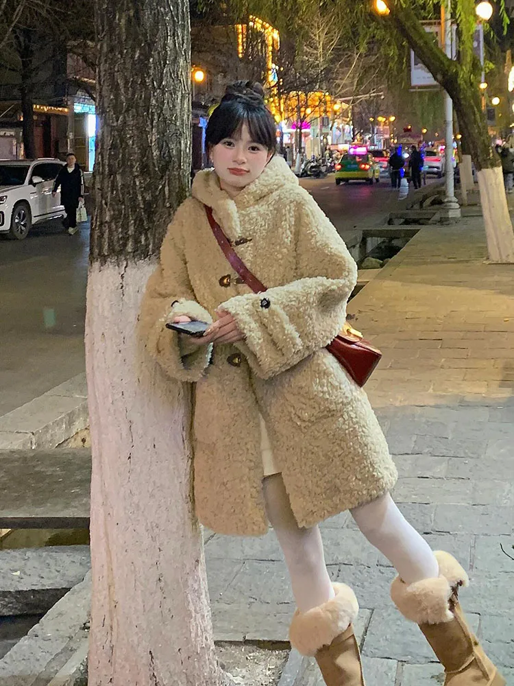 

Autumn Winter Women's Thiened Warm Lamb Fur Jaet Medium Length Coat College Sle Trendy Outerwear Polyester Fiber Coat