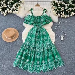 Chic Korean Sexy Off Shoulder Slim Ruffle Hollow Out Embroidered Straps A-line Dress High Street Vacation Vintage Women Clothing