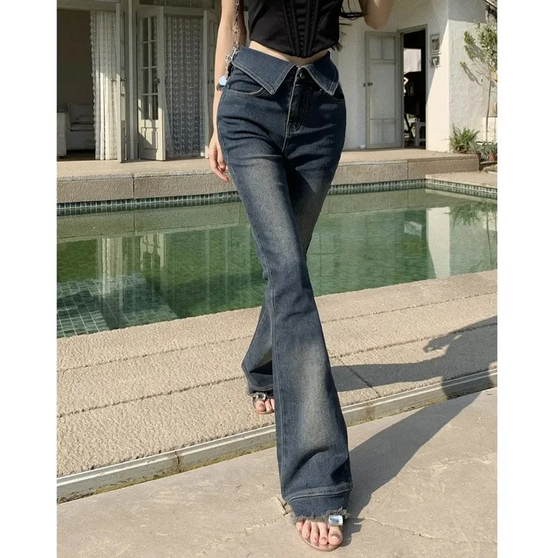 

Американские ретро-джинсы с микро-клеш для девочек, женские весенне-осенние новые дизайнерские шлепанцы, брюки в пол для стирки