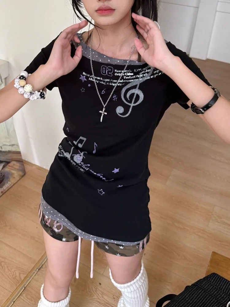 Streetwear Graphic Print T Shirts 2000s Y2k Clothes Top Women Short Sleeve Off Shoulder Sweet Vintage Tshirt False Two-piece
