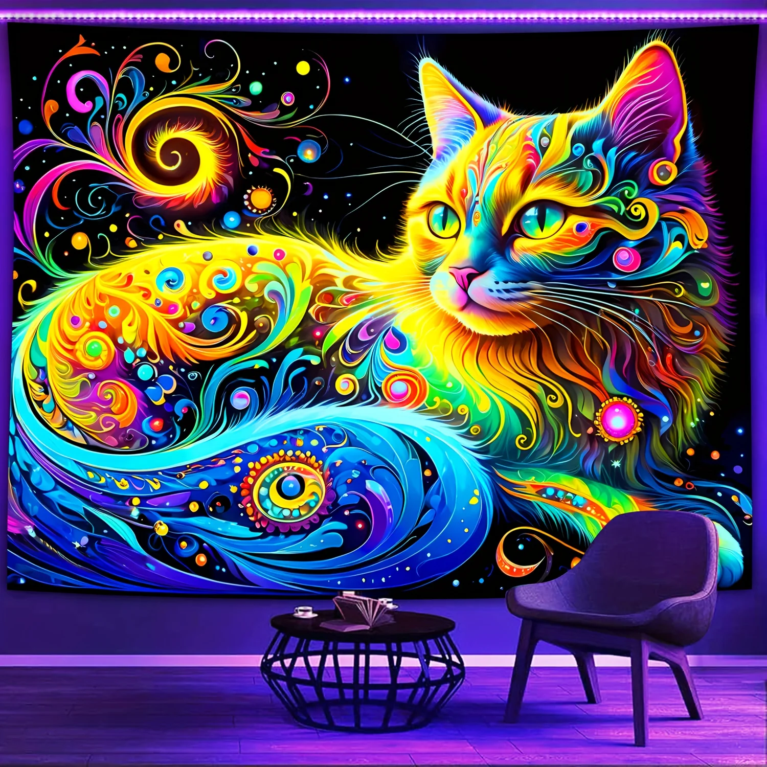 1-teiliger fluoreszierender Katzen-Wandteppich, Heimdekoration, hängendes Tuch, Party-Dekoration, Urlaubsgeschenk, Live-Übertragung, Hintergrundtuch