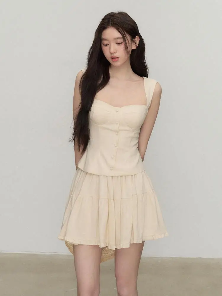 

OIOI E Linen ter ort Skirt Set mat Beige Women's Ele Summer Outfit mid Waist PVC Fabric Batwing Sle