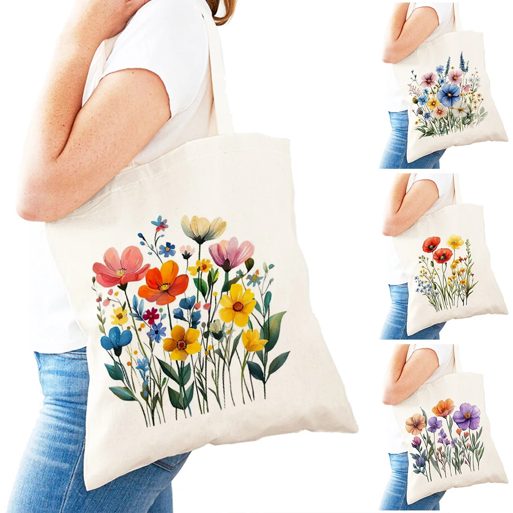 

Wildflower Lady Shopping Tote Bag Spring Garden Design Women Daily Use Satchel Double Print Botanical Flower Girl Shopper Bags